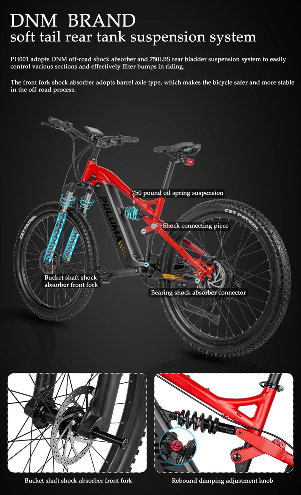 Professional Off-road 27.5 Inches Electric Mountain Bike , UP to 45km/h , 48V 20Ah Large Lithium Battery , Both Hydraulic Disc Brakes , Aluminum Alloy Frame ,  27.5 "×2.8" CST  Tires , with Pedal Assist System