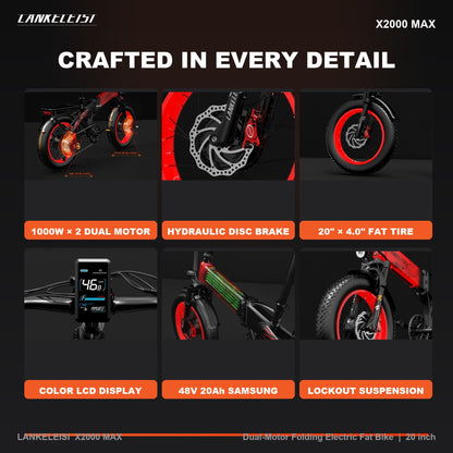 X2000 MAX crafted details - dual motor, hydraulic disc brake, 20x4.0 fat tire, color LCD display, Samsung battery, lockout suspension fork