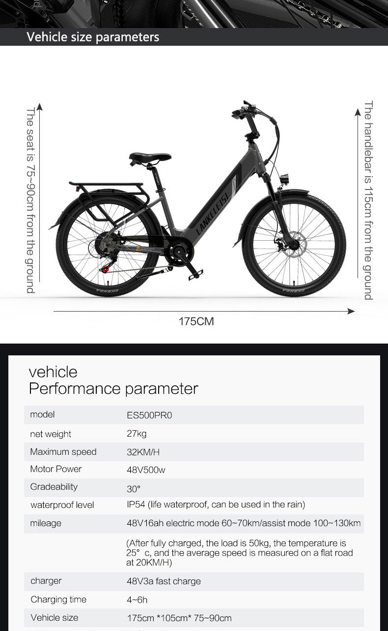 ES500プロ500W 48V 16Ah 130Km Endurance 24インチのブラシレス モーター都市電気 バイクの二重ディスク ブレーキ32km/hの最高の速度都市Bik