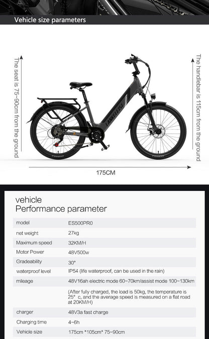 ES500プロ500W 48V 16Ah 130Km Endurance 24インチのブラシレス モーター都市電気 バイクの二重ディスク ブレーキ32km/hの最高の速度都市Bik