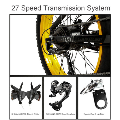 ランケレイシ T750plus 1000W 5 等級のペダルの援助の電力システム電気脂肪質のタイヤのバイク、26*4.0 雪のタイヤの車輪、両方ディスク ブレーキ、Built で大きい容量の取り外し可能な電池、27 の速度